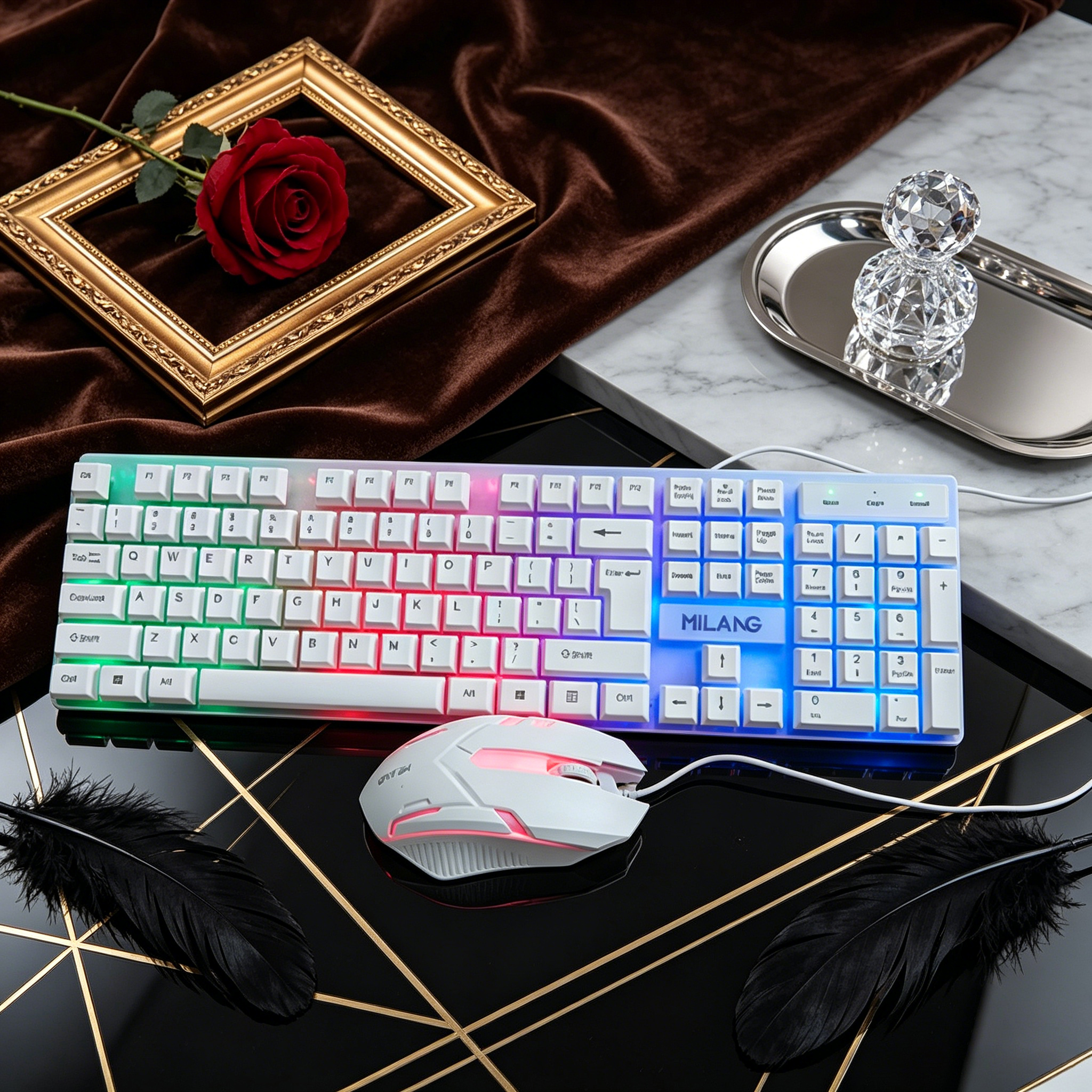 Desk Setup Tech - Wired RGB Backlit Keyboard Mouse Set,Ergonomic