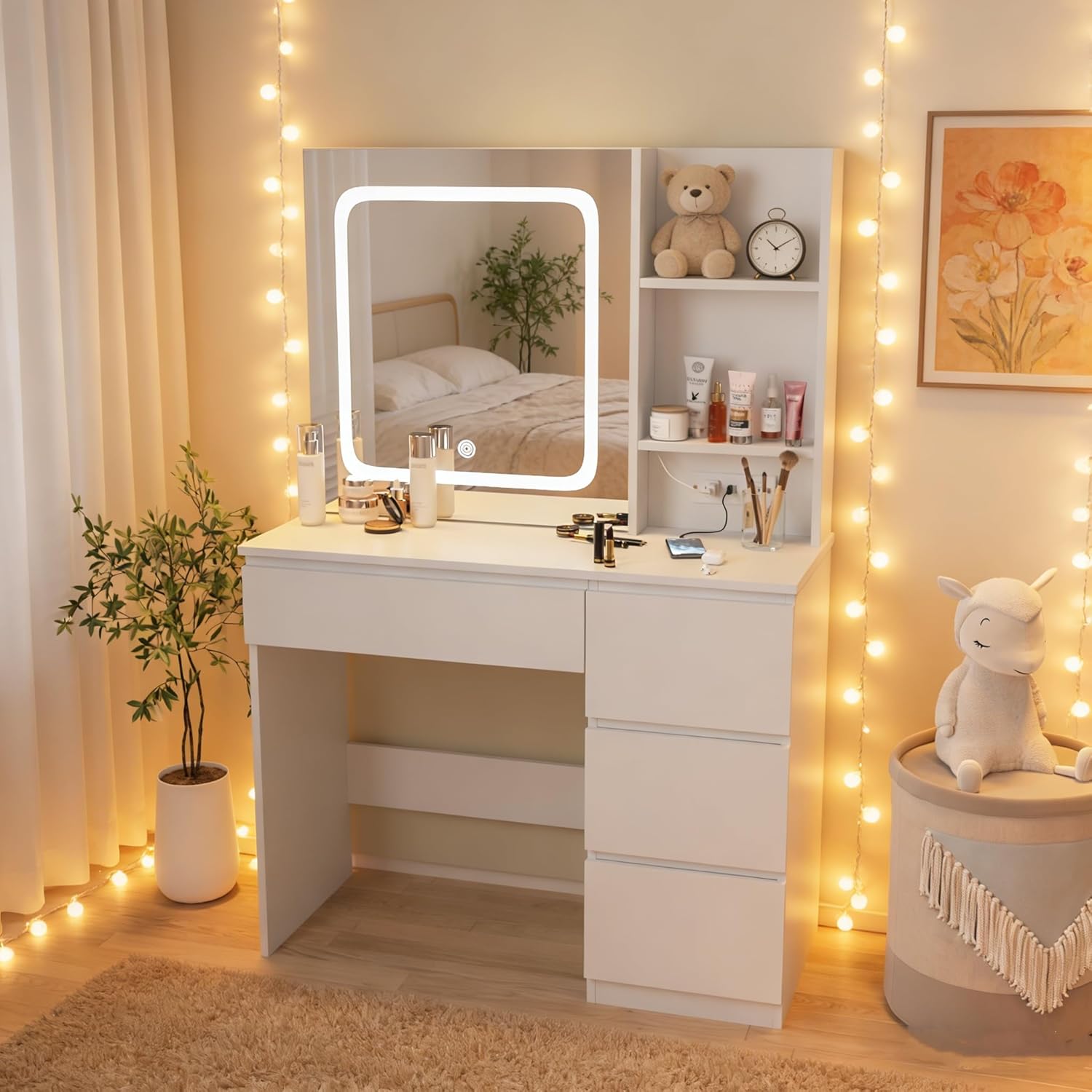 Desk Setup Charging Station - Make Up Vanity Desk with Charging