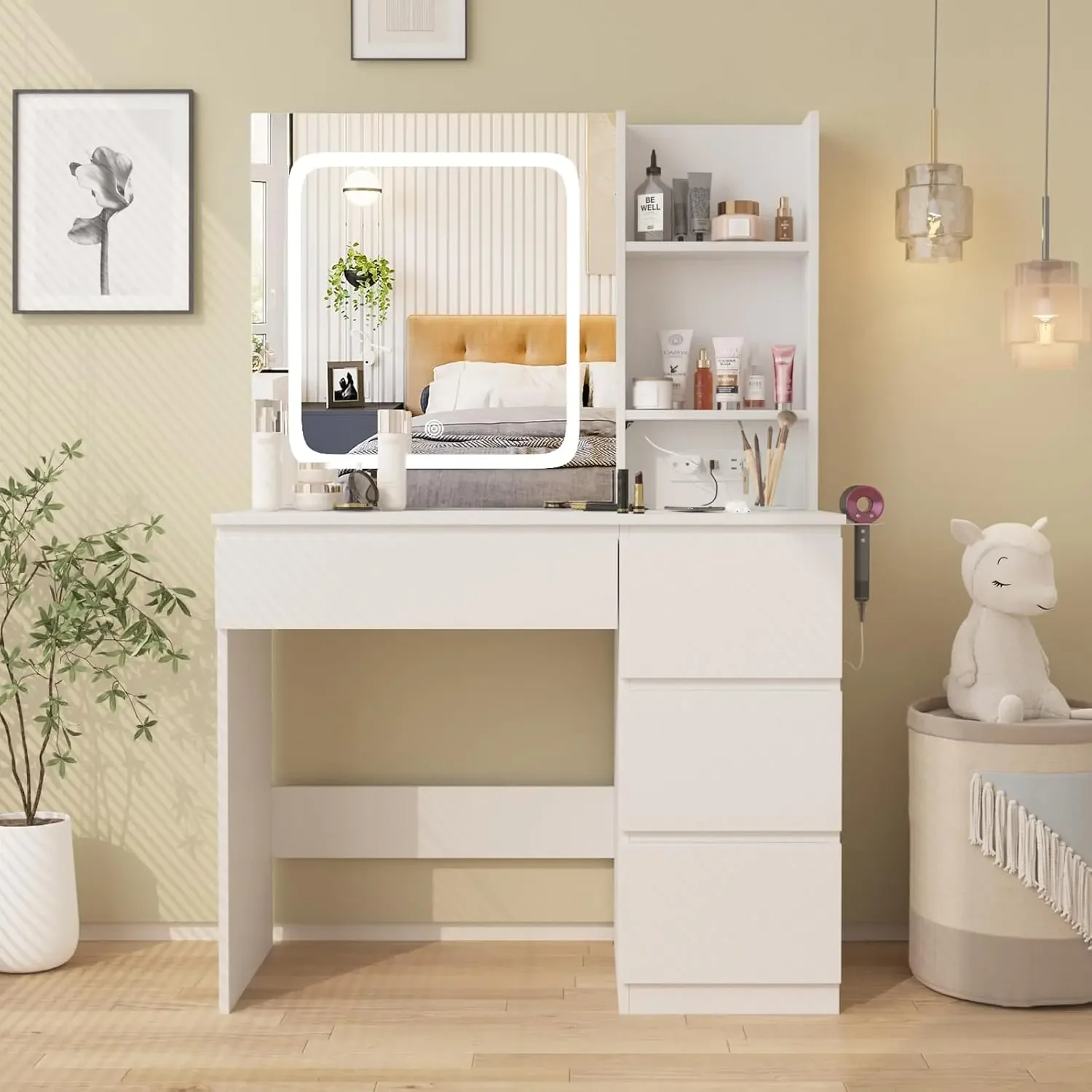 Desk Setup Charging Station - Make Up Vanity Desk with Charging