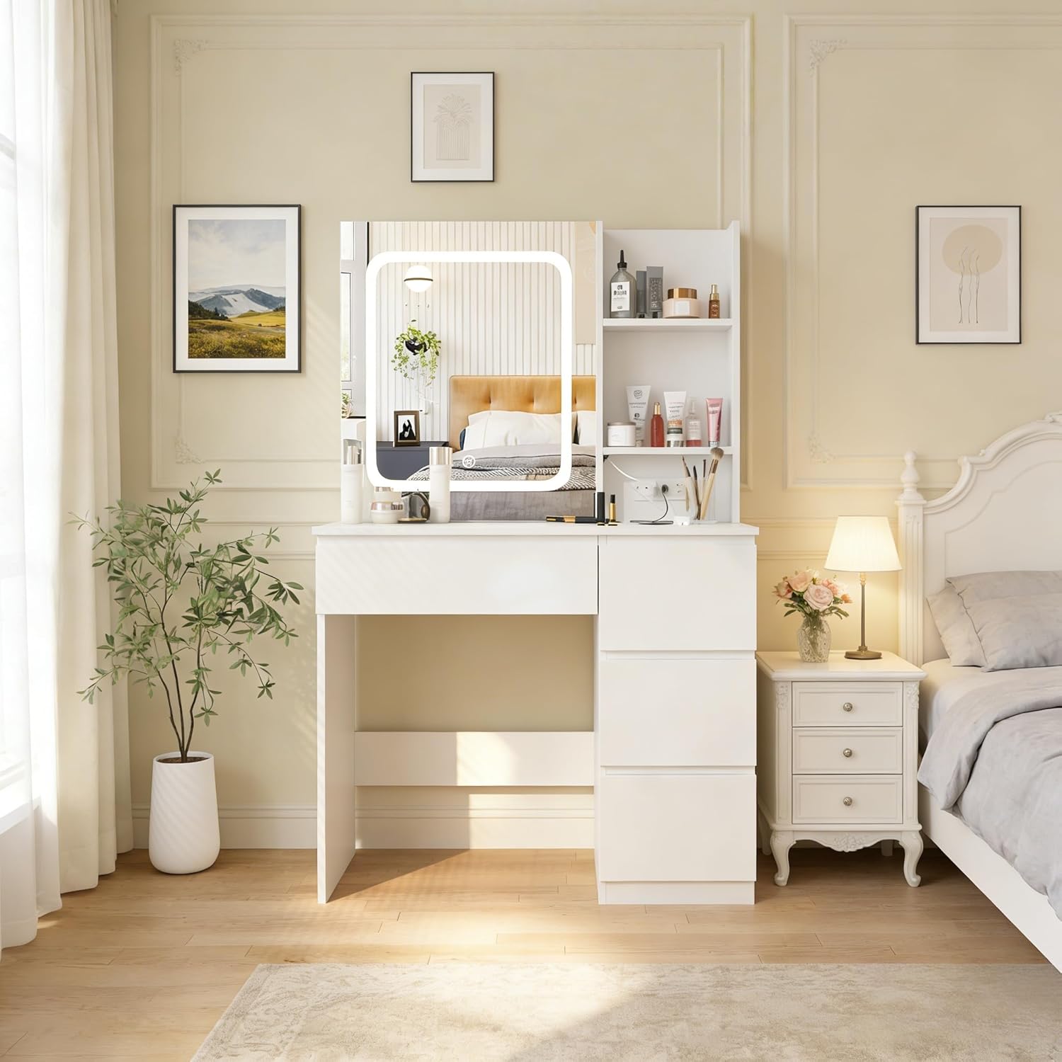 Make Up Vanity Desk with Charg - Desk Setup Charging Station ulasan dan harga