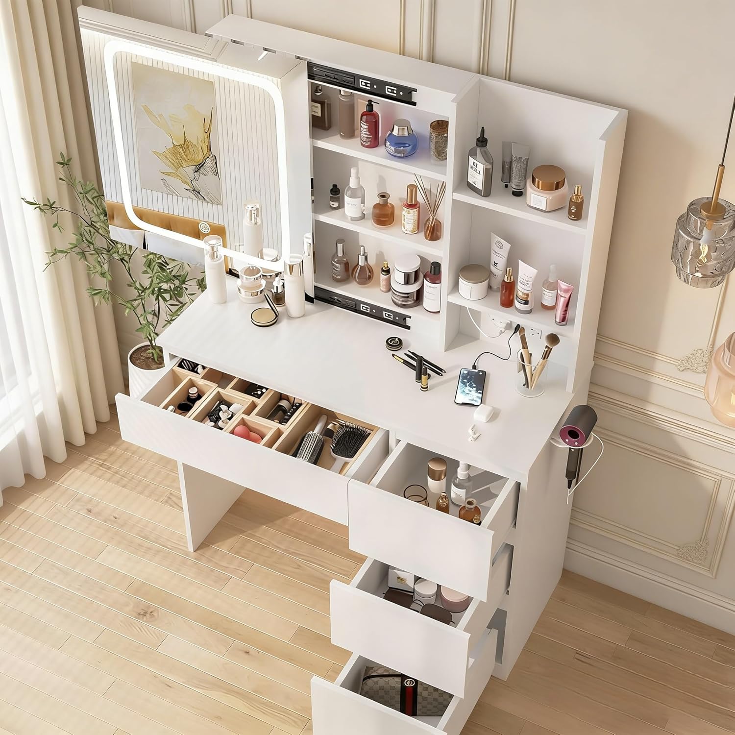 Make Up Vanity Desk with Charg - Desk Setup Charging Station ulasan dan harga