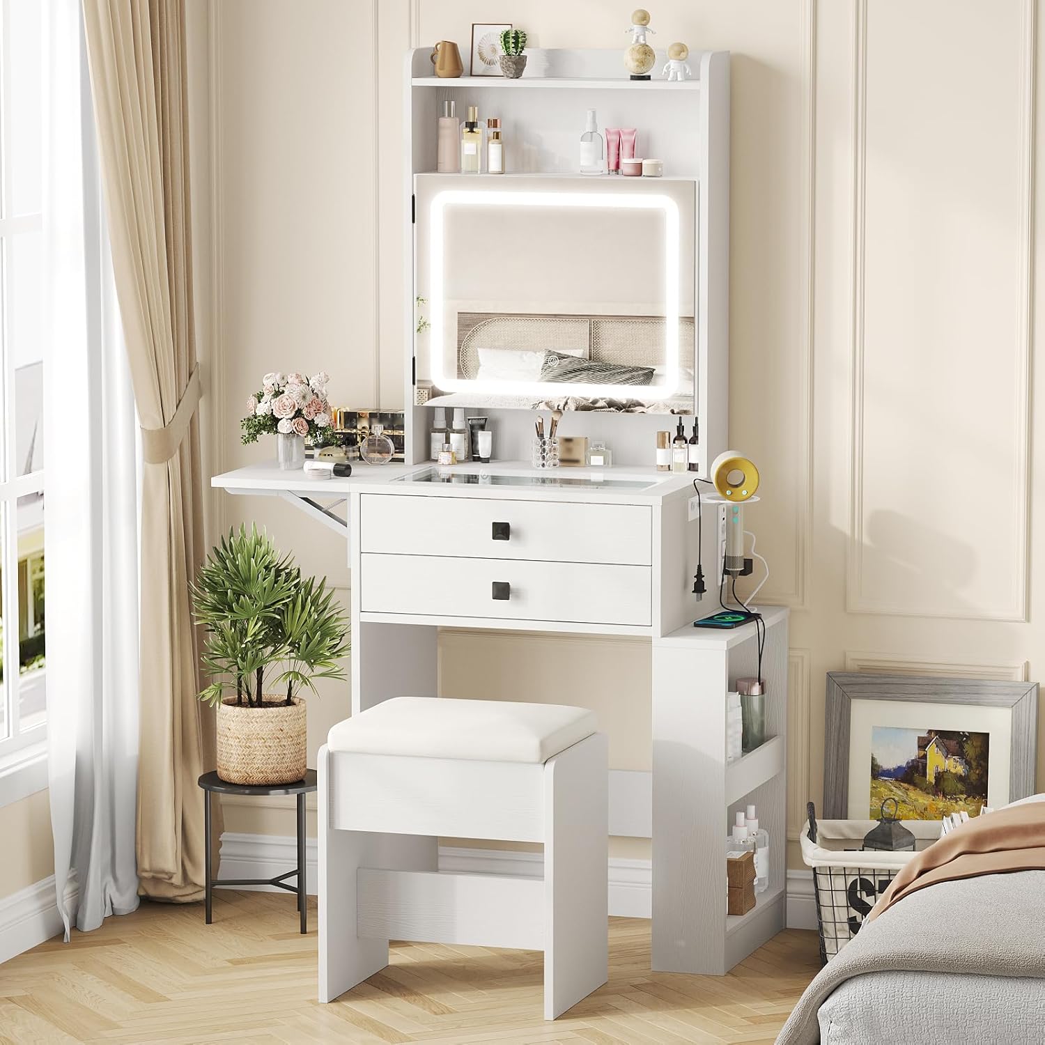 Small Makeup Vanity Desk with  - Desk Setup Charging Station ulasan dan harga