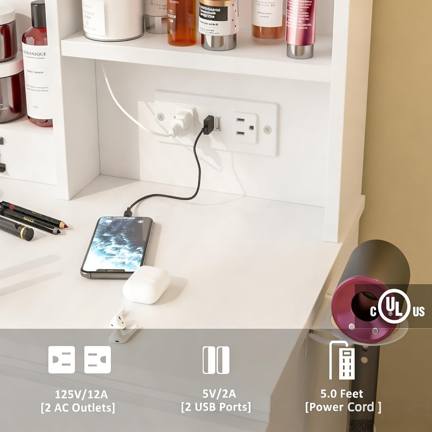 Make Up Vanity Desk with Charg - Desk Setup Charging Station ulasan dan harga