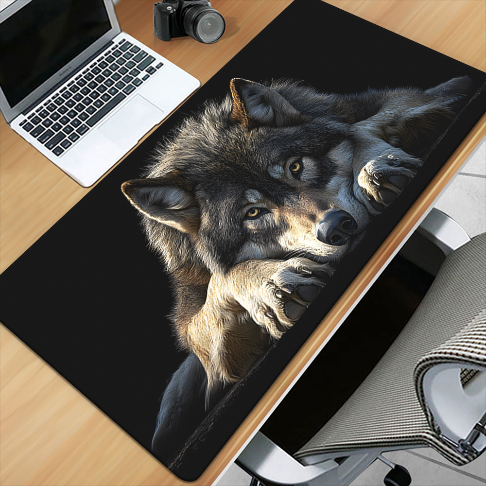 Wild Grey Wolf on Black Backgr - Desk Setup Background ulasan dan harga
